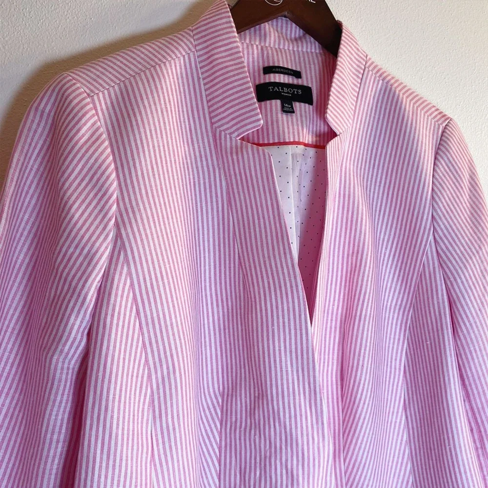 Talbots Aberdeen Linen Blend Pink and White Stripe Women's Blazer, Size 14W - Picture 3 of 11